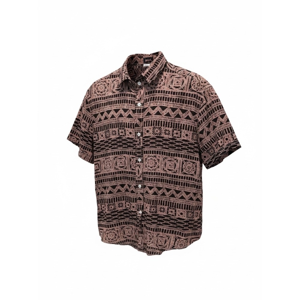 Mens Geometric Tribal Print Short Sleeve Button Down Shirt Dusty Rose Black